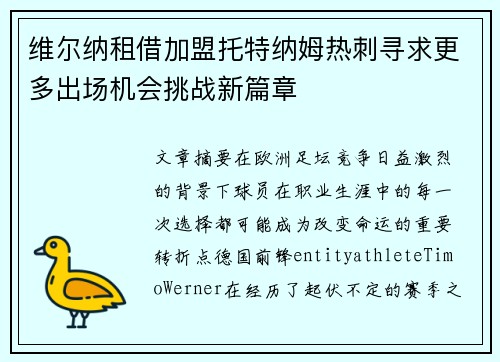 维尔纳租借加盟托特纳姆热刺寻求更多出场机会挑战新篇章 维尔纳租借加盟托特纳姆热刺寻求更多出场机会挑战新篇章
